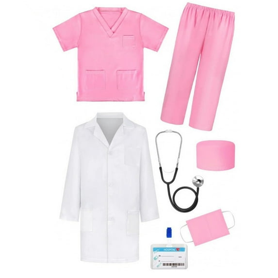 WOYY Kid's Doctor Dress Up Clothes Set White Lab Coat Shirt Pants Hat 7Pcs Outfits, Sizes 9-10Y