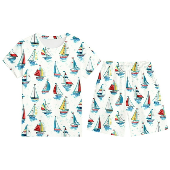 WOYY Kids Boys Pajamas Sailboat Prints Short Sleeve Top Shorts Sleepwear Set, Sizes 3-13