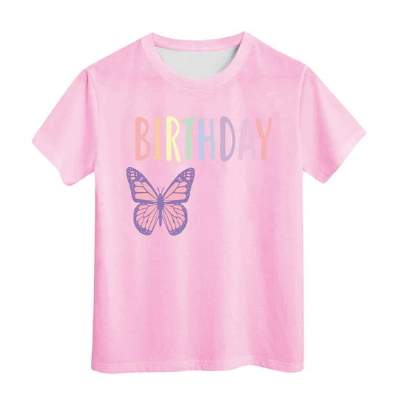 WOYY Kids Girls Birthday Tee Shirt Butterfly Letter Print Short Sleeve T-Shirt, Sizes 3-13