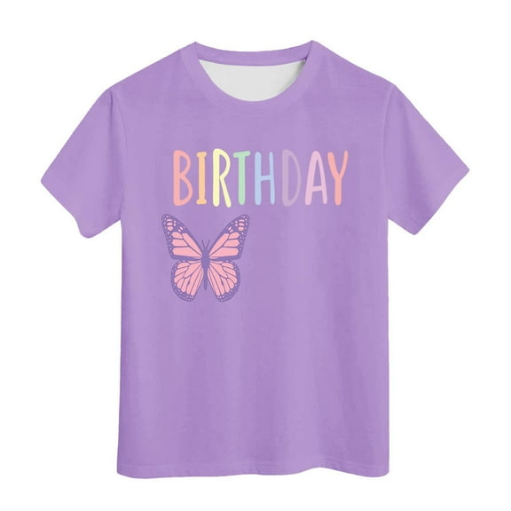 WOYY Kids Girls Birthday Tee Shirt Butterfly Letter Print Short Sleeve T-Shirt, Sizes 3-13