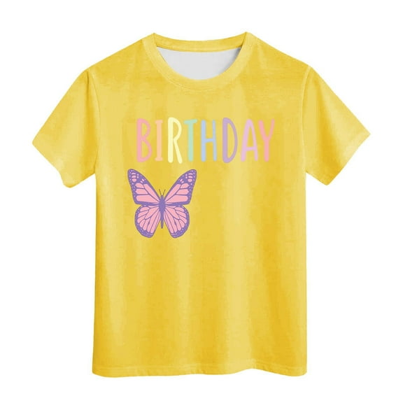 WOYY Kids Girls Birthday Tee Shirt Butterfly Letter Print Short Sleeve T-Shirt, Sizes 3-13