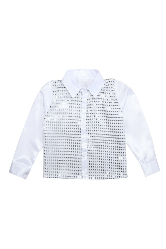 Kids Girls Sparkly Sequins Dance Jacket Long Sleeve Button Down Shirt, Sizes 3-14