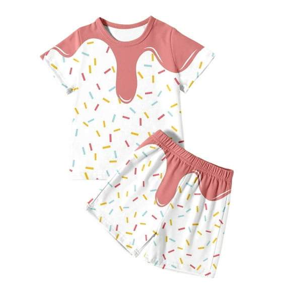 WOYY Kids Girls Summer Outfits Ice-Cream Print Short Sleeve T-Shirt Shorts Set, Sizes 2-12