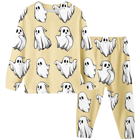 WOYY Kids Halloween Pajama Set Ghost Print Soft Long Sleeve Top Pants Sleepwear, 2-Piece