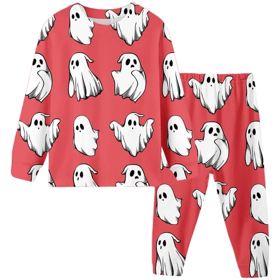 WOYY Kids Halloween Pajama Set Ghost Print Soft Long Sleeve Top Pants Sleepwear, 2-Piece