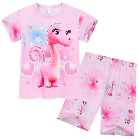 WOYY Kids Pajamas Cartoon Print Short Sleeve T-Shirt and Shorts Sleepwear Set Homewear