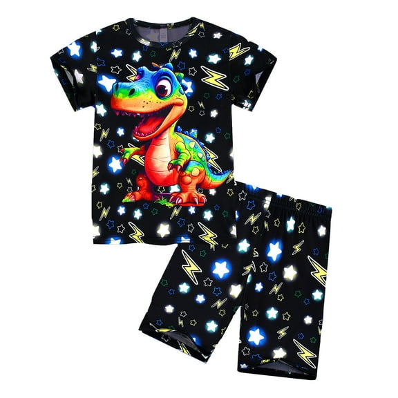 WOYY Kids Pajamas Cartoon Print Short Sleeve T-Shirt and Shorts Sleepwear Set Homewear