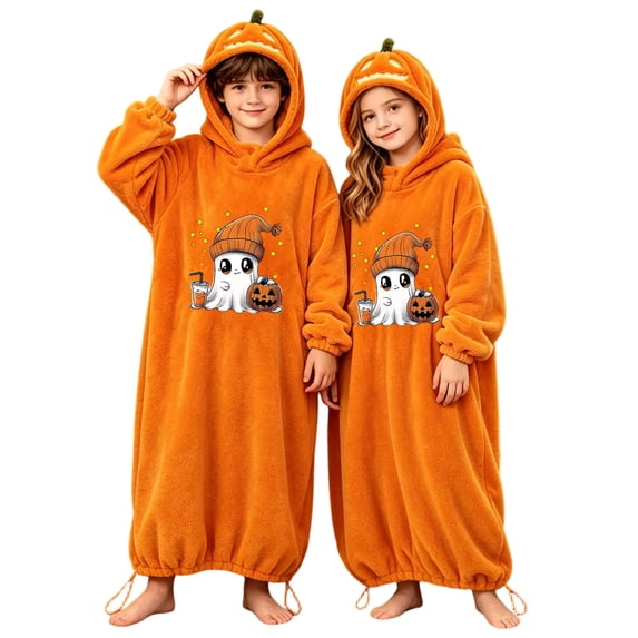 WOYY Kids Unisex Halloween Pumpkin Pajama Onesie Fuzzy Hooded Sleepwear Jumpsuit, Sizes 5-15