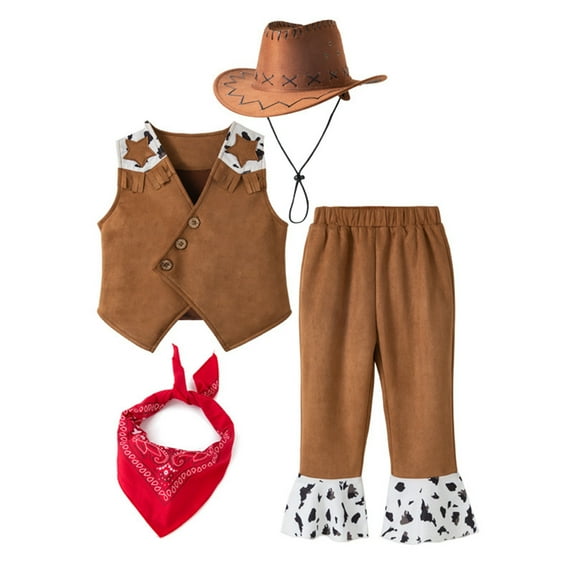 WOYY Little Boy's Cowboy Dress Up Vest Pants Scarf Cowboy Hat 4-Piece Outfits for Kids