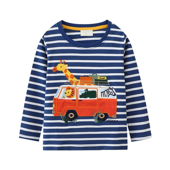 WOYY Little Boy's Long Sleeve T Shirt Cartoon Embroidery Crew Neck T-Shirt Pullover Top
