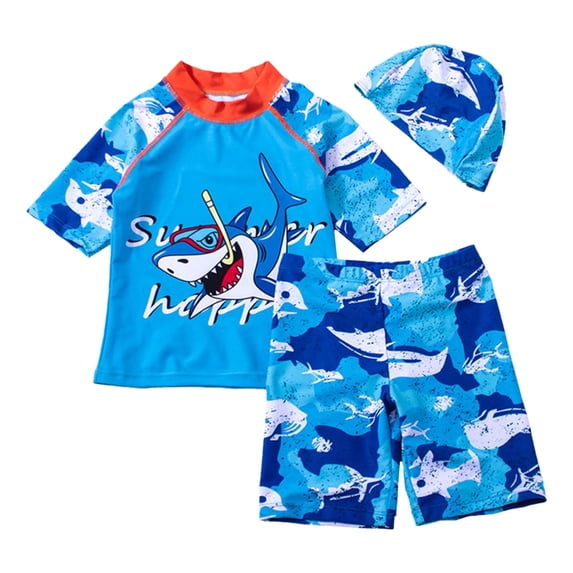 WOYY Little Boys 3-Piece Swimsuit Cartoon Short Sleeve Rash Guard Bathing Suit with Hat