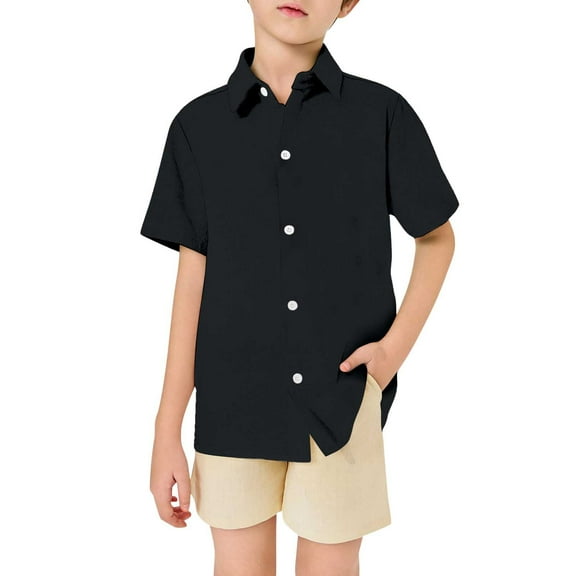 WOYY Little Boys Short Sleeve Casual Shirt Solid Color Button-Down Shirt, Sizes 3-13