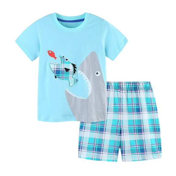 WOYY Little Boys Cotton Outfits Shark Print Short Sleeve T Shirt Shorts Set, Sizes 2-8