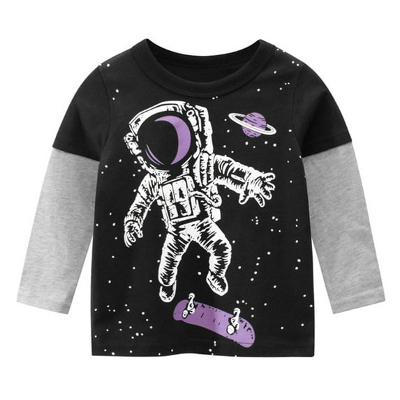WOYY Little Boys Galaxy Spaceman Print T-Shirt Cotton Long Sleeve Crewneck T Shirts Tops