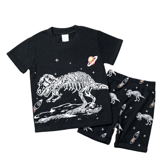 WOYY Little Boys Dinosaur Outfits Short Sleeve T-Shirt Shorts Sleepwear Set, Sizes 5-6