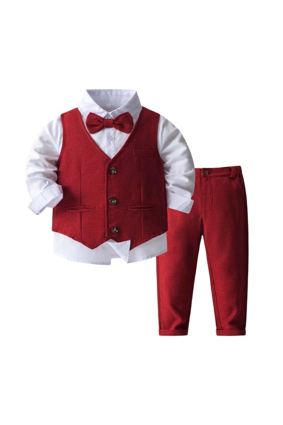 Little Boys Formal Tuxedo Suit Bow Tie Long Sleeve Dress Shirt Waistcoat Trousers 4Pcs Set, Sizes 5-7Y