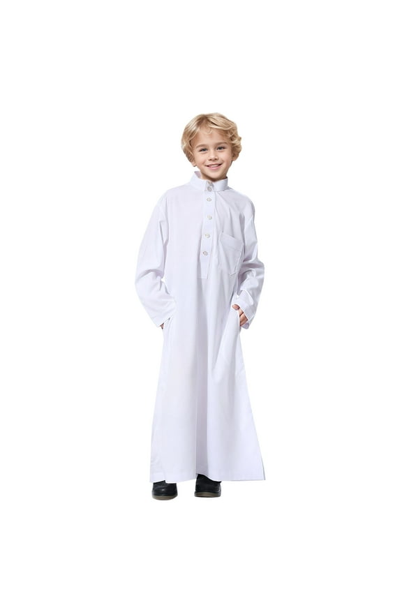 Little Boys Long Sleeve Button Up Thobe Solid Color Full Length Robe, Sizes 5-6