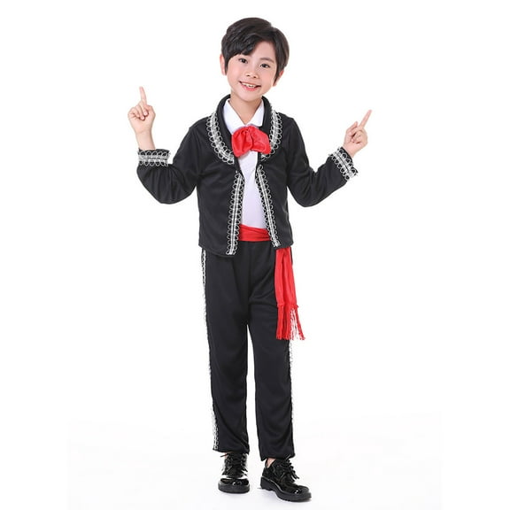 WOYY Little Boys Mexican Day of The Dead Stage Performance Outfits Kid Bowtie Belt Suit