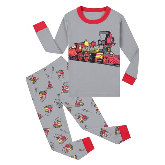 WOYY Little Boys Outfit Set Train Print Long Sleeve Top and Pants Sleepwear, Sizes 6-7