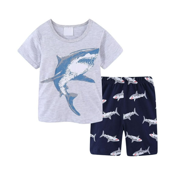 WOYY Little Boys Outfits Shark Print Cotton Short Sleeve T-Shirt Shorts Set, Sizes 5-6Y