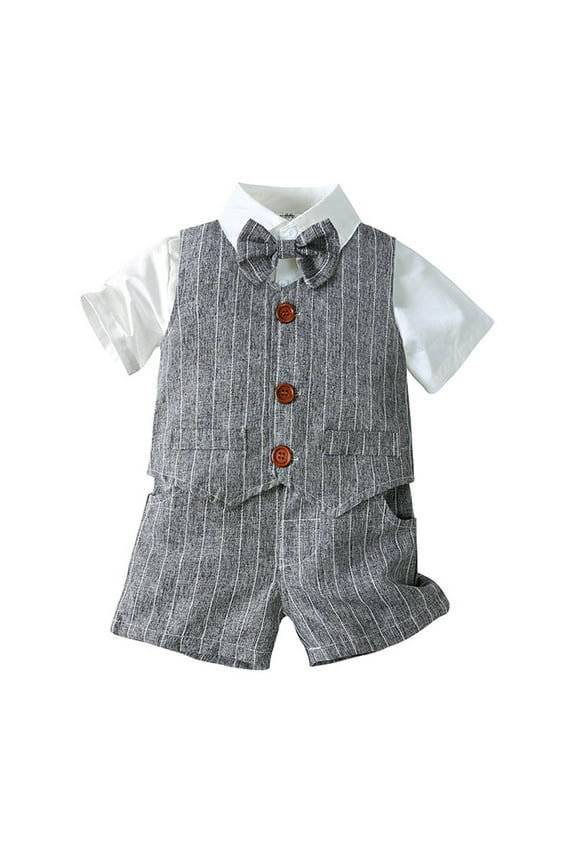 Little Boys Outfits Short Sleeve Button Down Shirt Vest Shorts 3Pcs Set, Sizes 6-7