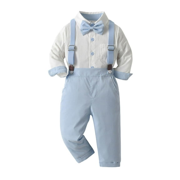 WOYY Little Boys Outfits Solid Long Sleeve Button Shirt Suspenders Pants Suit, Sizes 6-7