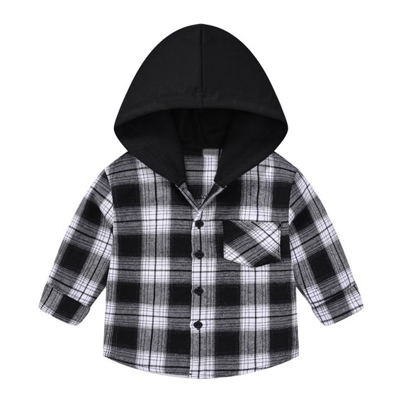 WOYY Little Boys Plaid Hooded Jacket Long Sleeve Button Shirt Spring Fall Cardigan Coat