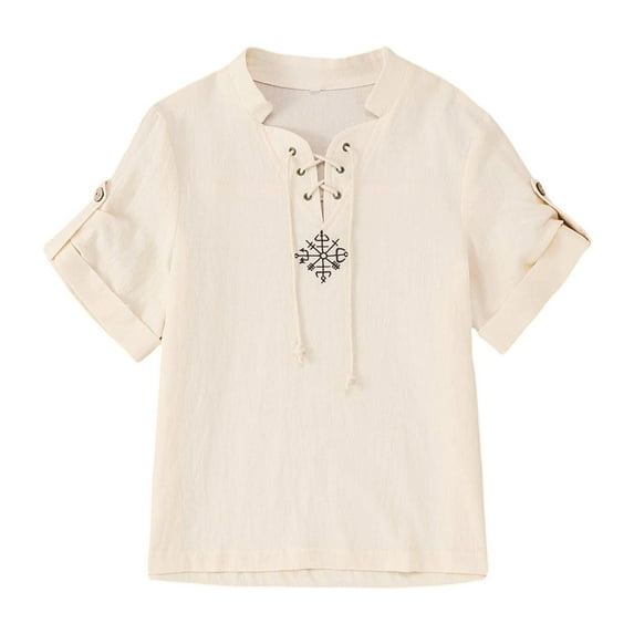 WOYY Little Boys Retro Short Sleeve Shirt Solid Lace Up Summer Vintage Top, Sizes 3-14