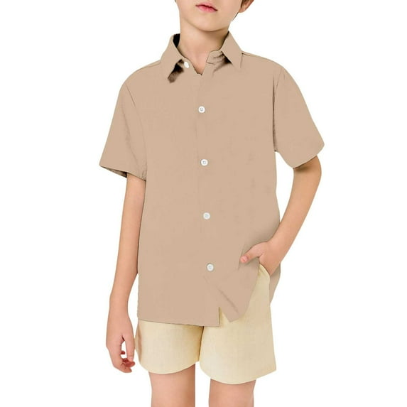 WOYY Little Boys Short Sleeve Casual Shirt Solid Color Button-Down Shirt, Sizes 3-13
