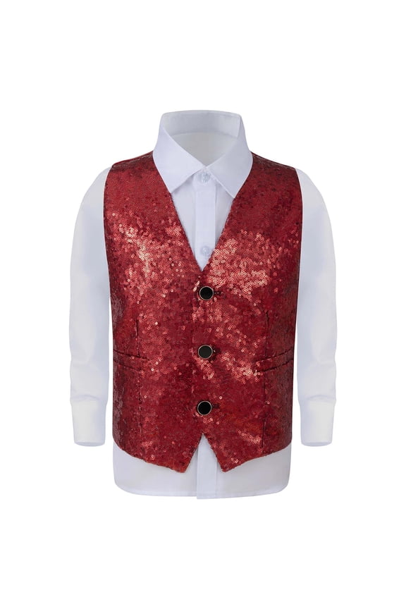 Little Boys Sparkly Sequins Vest for Stage Performance Glitter Waistcoat, Sizes 5-6