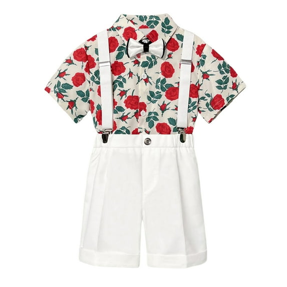 WOYY Little Boys Suit Summer Short Sleeve Button-Down Shirt Suspenders Shorts Outfits, Size 1-9