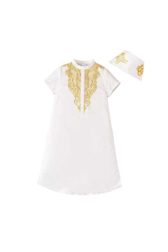 Little Boys Thobe Robe Embroidery Short Sleeve Shirt Long Kufi Robe, Sizes 6-7