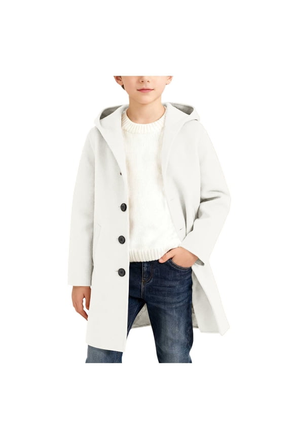 Little Boys Wool Coat Button Down Hooded Trench Jacket Casual Outerwear, Sizes 5-16