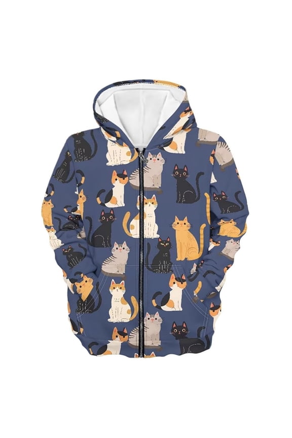 Little Boys Zip Up Hoodie Cute Cat Print Fleece-Lined Hooded Sweatshirt, Sizes 5-6