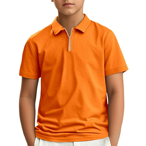 WOYY Little Boys Zipper Collared Polo Shirt Solid Color Short Sleeve Casual T-Shirt