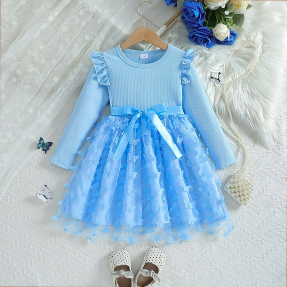 WOYY Little Girl Casual Dress Butterfly Long Sleeves Mesh Dress Children's A-Line Dresses