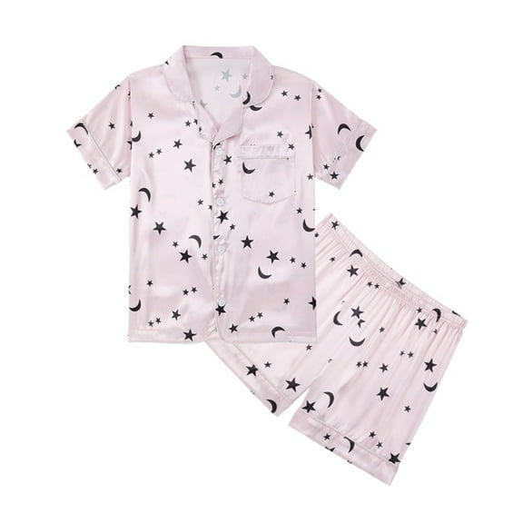 WOYY Little Girl Pajama Set Silk Satin Leisure Sleepwear for Children,2-Piece,Sizes 5-14T