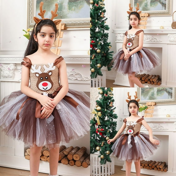 WOYY Little Girl's Christmas Tulle Dress Cartoon Reindeer Print Sleeveless Tutu Dress