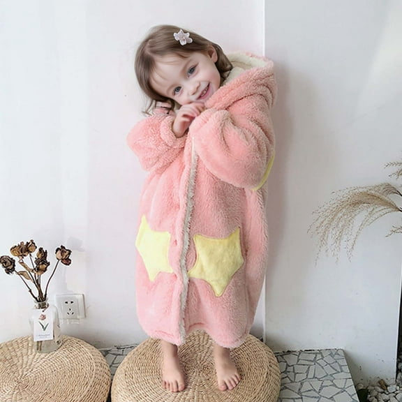 WOYY Little Girl's Flannel Bathrobe Winter Thicken Warm Hooded Sleepwear Robe Homewear