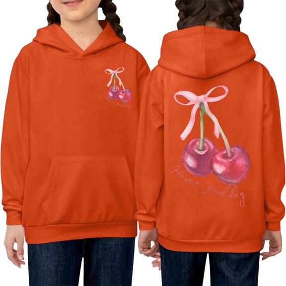 WOYY Little Girl's Hoodie Cherry Print Hooded Sweatshirt Casual Loose Graphic Pullover