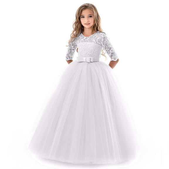 WOYY Little Girl's Lace Wedding Party Dress Pageant Gown Birthday Princess Dress, White