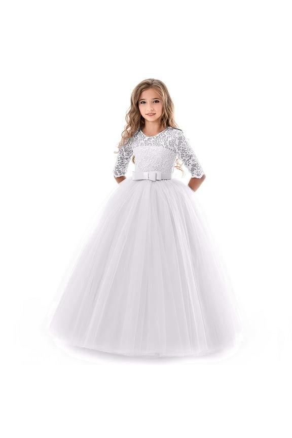 Little Girl's Lace Wedding Party Dress Pageant Gown Birthday Princess Dress, White
