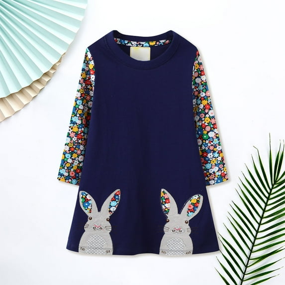 WOYY Little Girl's Long Sleeve T-Shirt Dress Cute Bunny Floral Casual A-Line Dresses