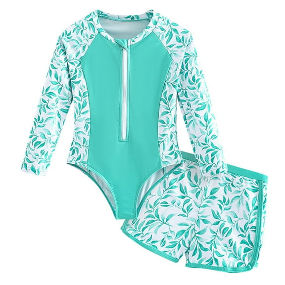 WOYY Little Girl's Long Sleeve Zip-Up Rash Guard One-Piece Swimsuit with Boyshorts Set