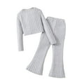 thumbnail image 1 of WOYY Little Girl's Outfit Sets Solid Color Ribbed Crew Neck Long Sleeved Top With Flared Pants Suit, 1 of 6