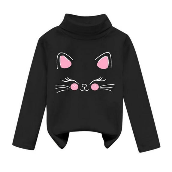 WOYY Little Girls Undershirt Cute Cat Print High Neck Soft Tops T Shirt Pullover