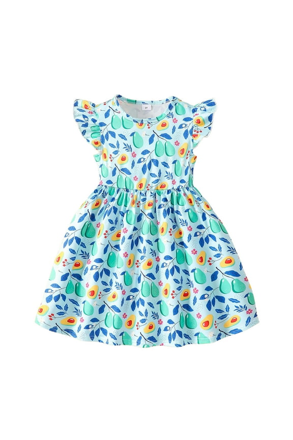 Little Girl's Summer Dress Avocado Print Flutter Sleeves Casual Dress, Sizes 6-7