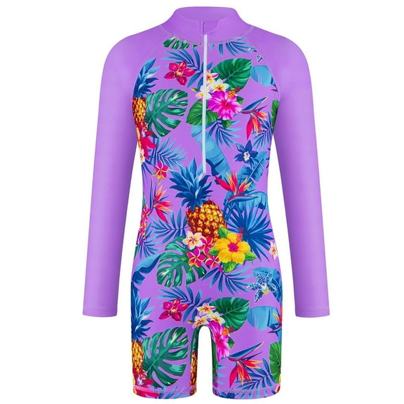 WOYY Little Girl's Tropical Long Sleeve Rashguard One-Piece Swimsuit UPF 50  Bathing Suit