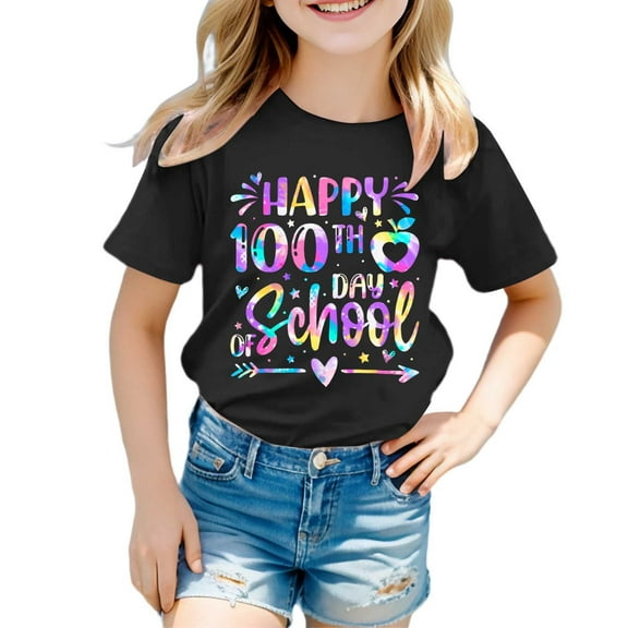 WOYY Little Girls 100 Days of School Shirt Short Sleeved Tshirt Casual Kids T Shirt Tee