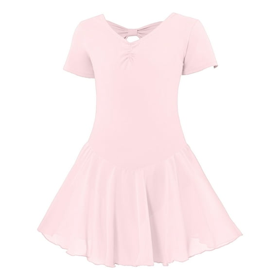 WOYY Little Girls Ballet Dance Dress Leotards Short Sleeve V Neck Dress, Sizes 3-16